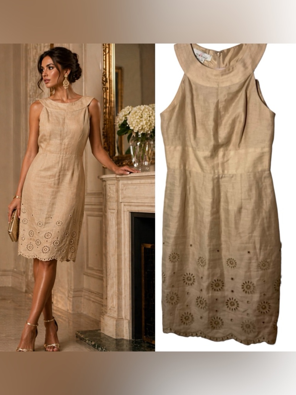 Vintage Kelly & Diane Linen Dress Size 4‎ Neutral Eyelet Hem Elegant Classic lux